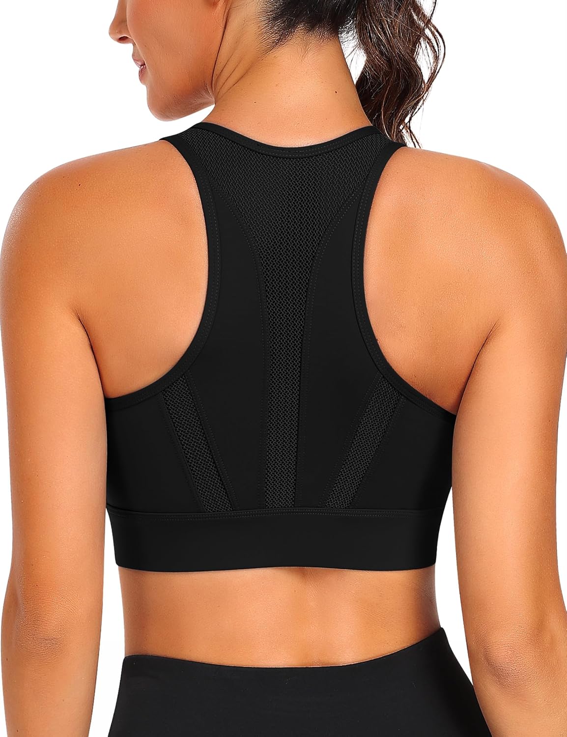 Zip Front Sports Bra High Impact Workout Bra for Women Mesh Racerback Gym Bra Padded High Support Yoga Bra