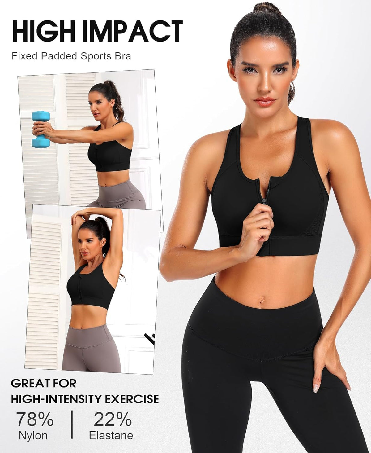 Zip Front Sports Bra High Impact Workout Bra for Women Mesh Racerback Gym Bra Padded High Support Yoga Bra