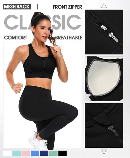 Zip Front Sports Bra High Impact Workout Bra for Women Mesh Racerback Gym Bra Padded High Support Yoga Bra