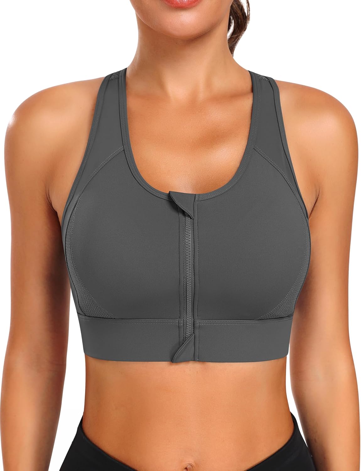 Zip Front Sports Bra High Impact Workout Bra for Women Mesh Racerback Gym Bra Padded High Support Yoga Bra