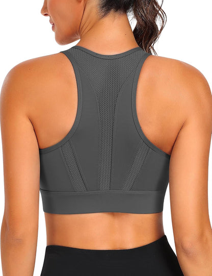 Zip Front Sports Bra High Impact Workout Bra for Women Mesh Racerback Gym Bra Padded High Support Yoga Bra