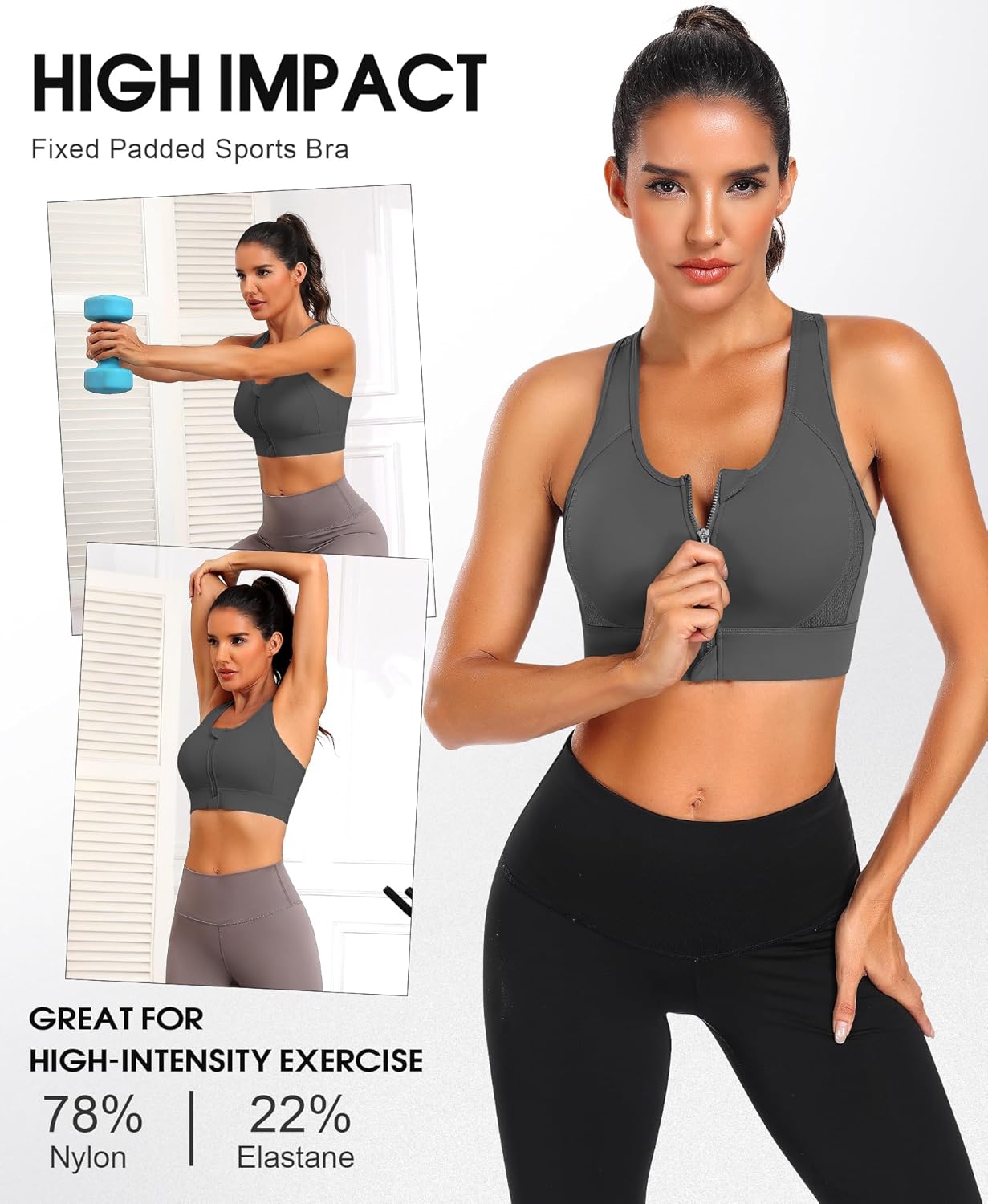 Zip Front Sports Bra High Impact Workout Bra for Women Mesh Racerback Gym Bra Padded High Support Yoga Bra