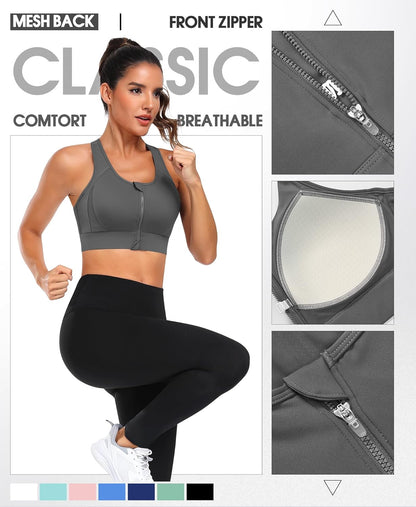 Zip Front Sports Bra High Impact Workout Bra for Women Mesh Racerback Gym Bra Padded High Support Yoga Bra