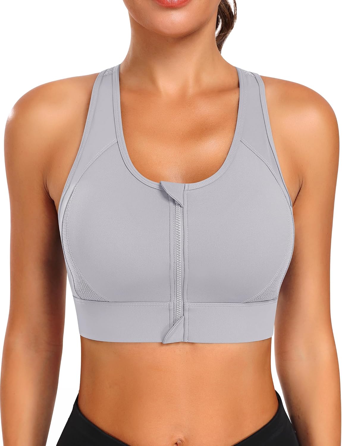 Zip Front Sports Bra High Impact Workout Bra for Women Mesh Racerback Gym Bra Padded High Support Yoga Bra