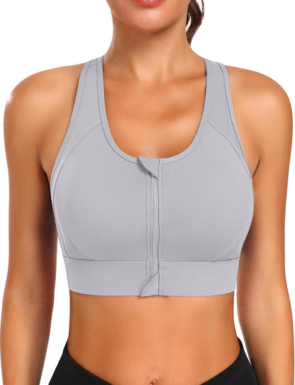 Zip Front Sports Bra High Impact Workout Bra for Women Mesh Racerback Gym Bra Padded High Support Yoga Bra