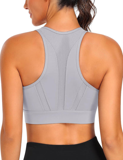 Zip Front Sports Bra High Impact Workout Bra for Women Mesh Racerback Gym Bra Padded High Support Yoga Bra