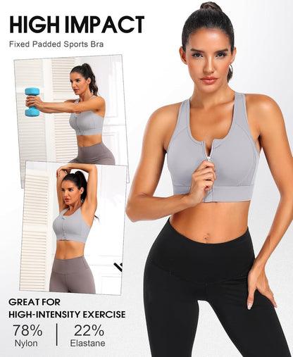 Zip Front Sports Bra High Impact Workout Bra for Women Mesh Racerback Gym Bra Padded High Support Yoga Bra