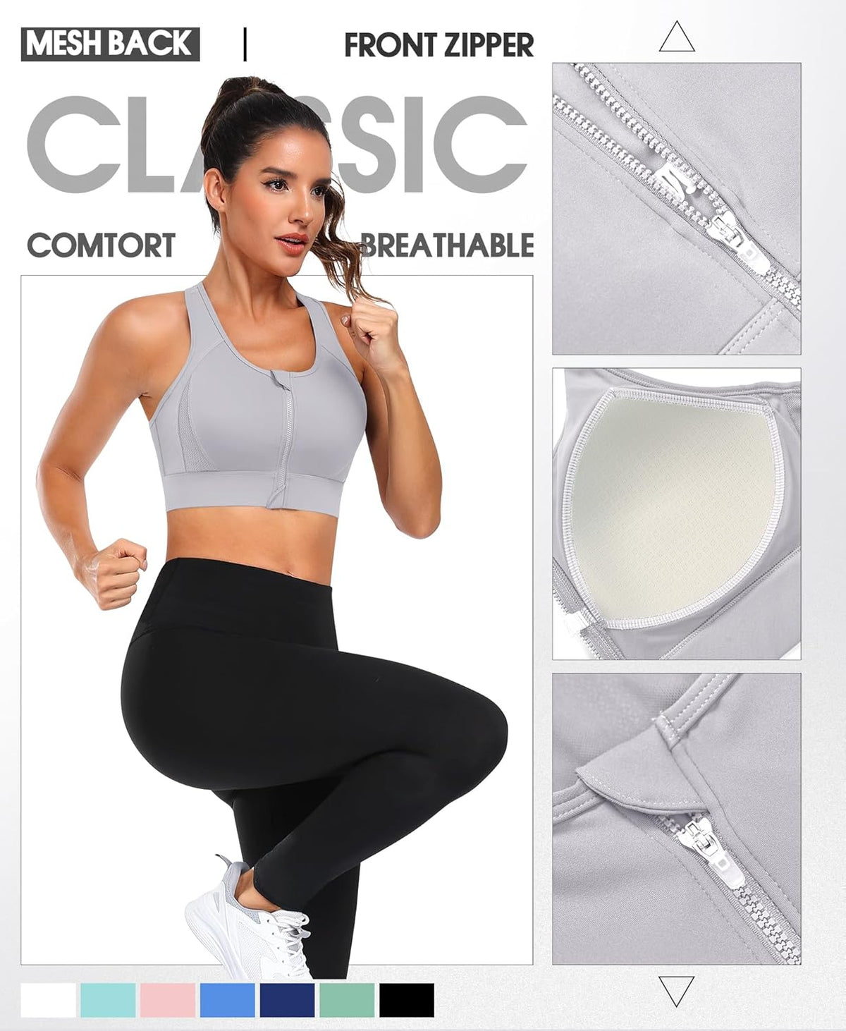 Zip Front Sports Bra High Impact Workout Bra for Women Mesh Racerback Gym Bra Padded High Support Yoga Bra