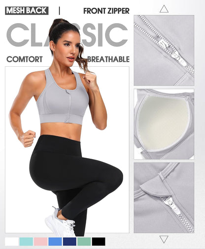 Zip Front Sports Bra High Impact Workout Bra for Women Mesh Racerback Gym Bra Padded High Support Yoga Bra