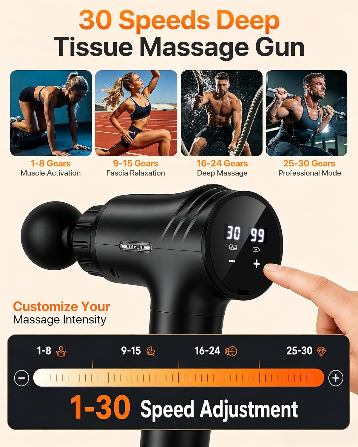 Massage Gun, 30 Speeds, 6 Heads, Quiet Deep Tissue Muscle Massager