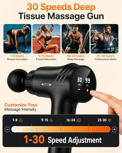 Massage Gun, 30 Speeds, 6 Heads, Quiet Deep Tissue Muscle Massager