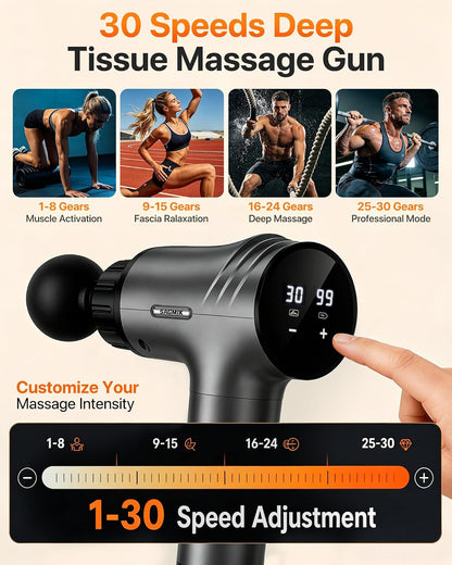 Massage Gun, 30 Speeds, 6 Heads, Quiet Deep Tissue Muscle Massager