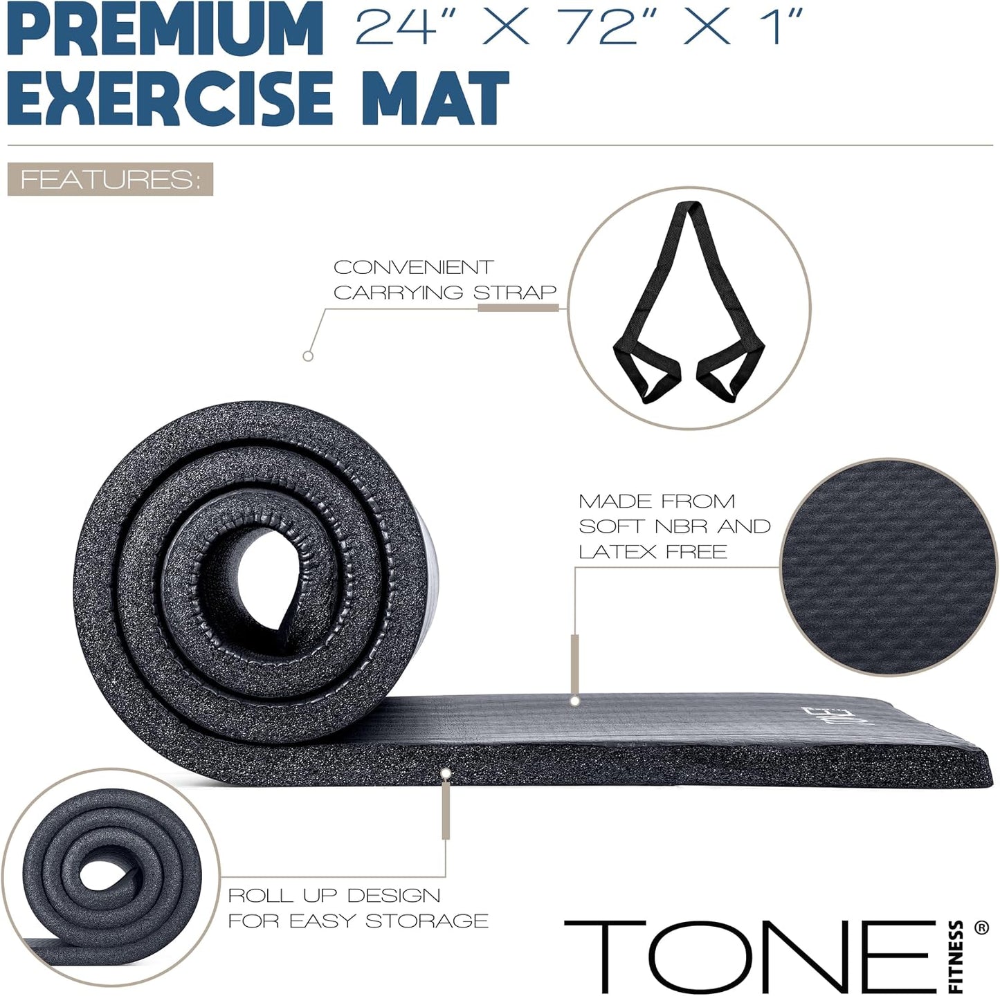 1-Inch Thick Yoga Mat | High-Density, Non-slip Exercise Mat with Carrying Strap for Yoga, Pilates, & Home Gym Workouts | Multiple Options