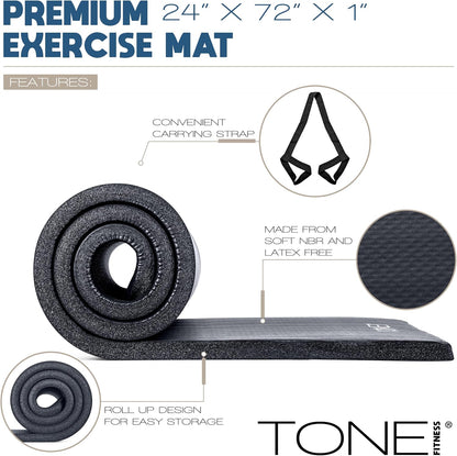 1-Inch Thick Yoga Mat | High-Density, Non-slip Exercise Mat with Carrying Strap for Yoga, Pilates, & Home Gym Workouts | Multiple Options