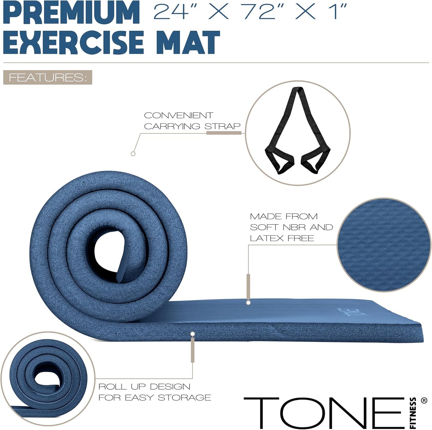 1-Inch Thick Yoga Mat | High-Density, Non-slip Exercise Mat with Carrying Strap for Yoga, Pilates, & Home Gym Workouts | Multiple Options