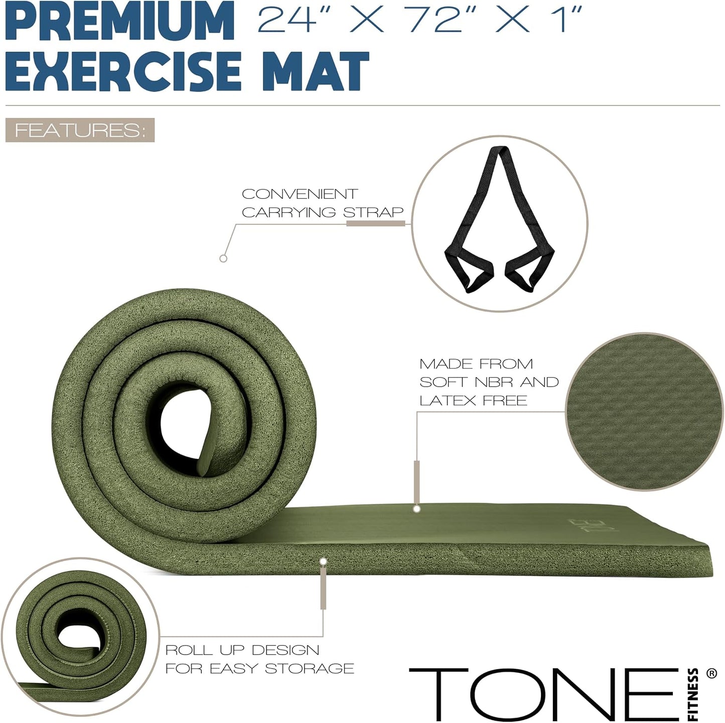 1-Inch Thick Yoga Mat | High-Density, Non-slip Exercise Mat with Carrying Strap for Yoga, Pilates, & Home Gym Workouts | Multiple Options