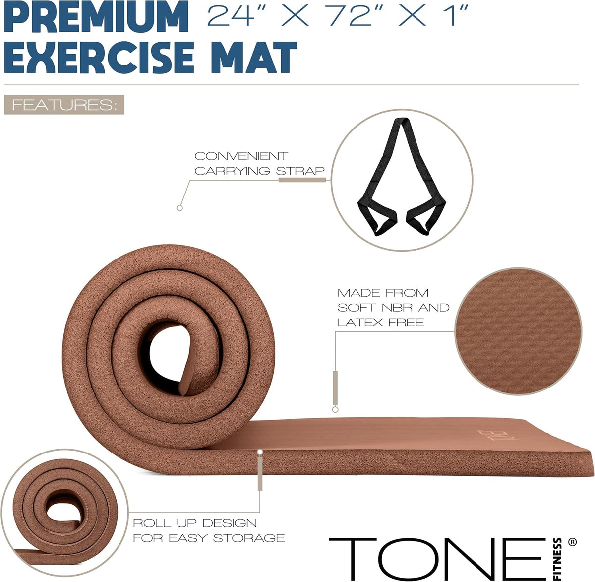 1-Inch Thick Yoga Mat | High-Density, Non-slip Exercise Mat with Carrying Strap for Yoga, Pilates, & Home Gym Workouts | Multiple Options