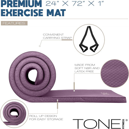 1-Inch Thick Yoga Mat | High-Density, Non-slip Exercise Mat with Carrying Strap for Yoga, Pilates, & Home Gym Workouts | Multiple Options