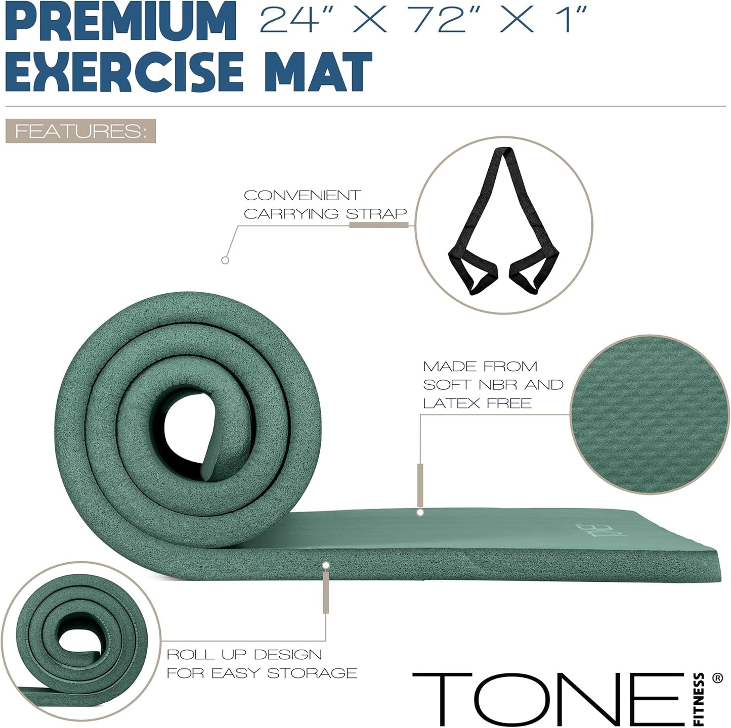 1-Inch Thick Yoga Mat | High-Density, Non-slip Exercise Mat with Carrying Strap for Yoga, Pilates, & Home Gym Workouts | Multiple Options