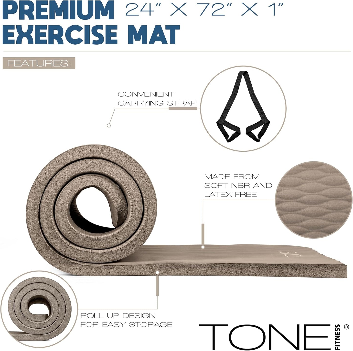 1-Inch Thick Yoga Mat | High-Density, Non-slip Exercise Mat with Carrying Strap for Yoga, Pilates, & Home Gym Workouts | Multiple Options
