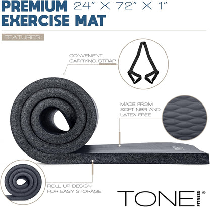 1-Inch Thick Yoga Mat | High-Density, Non-slip Exercise Mat with Carrying Strap for Yoga, Pilates, & Home Gym Workouts | Multiple Options