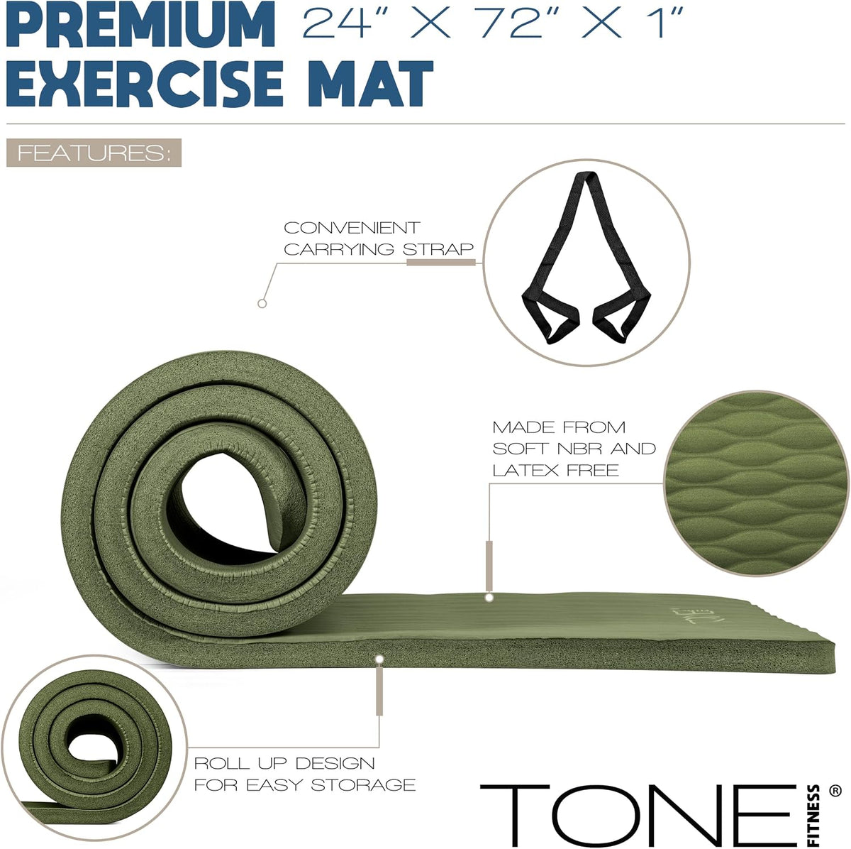 1-Inch Thick Yoga Mat | High-Density, Non-slip Exercise Mat with Carrying Strap for Yoga, Pilates, & Home Gym Workouts | Multiple Options