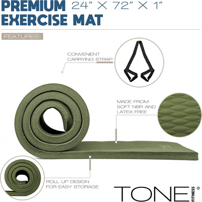 1-Inch Thick Yoga Mat | High-Density, Non-slip Exercise Mat with Carrying Strap for Yoga, Pilates, & Home Gym Workouts | Multiple Options