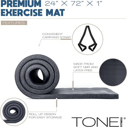 1-Inch Thick Yoga Mat | High-Density, Non-slip Exercise Mat with Carrying Strap for Yoga, Pilates, & Home Gym Workouts | Multiple Options