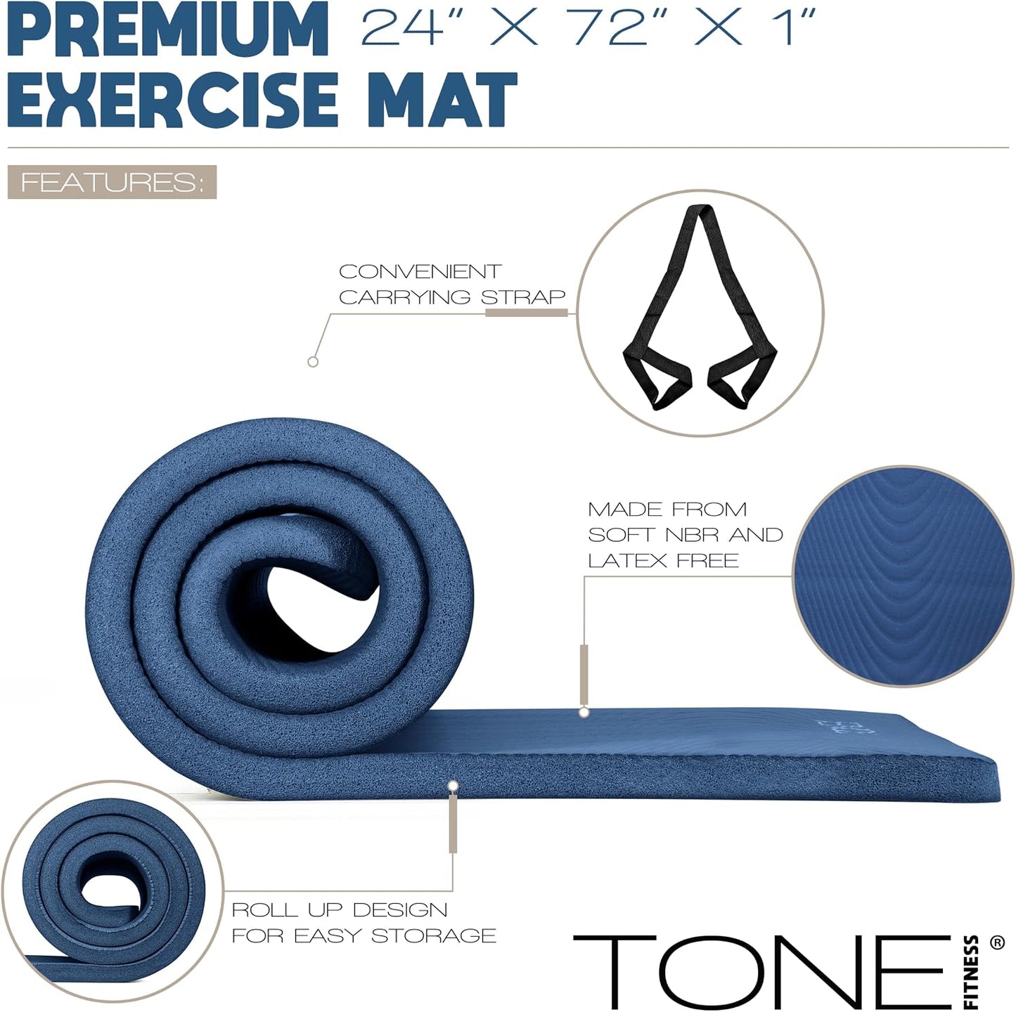 1-Inch Thick Yoga Mat | High-Density, Non-slip Exercise Mat with Carrying Strap for Yoga, Pilates, & Home Gym Workouts | Multiple Options