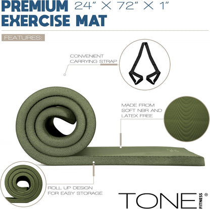 1-Inch Thick Yoga Mat | High-Density, Non-slip Exercise Mat with Carrying Strap for Yoga, Pilates, & Home Gym Workouts | Multiple Options