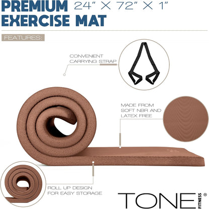 1-Inch Thick Yoga Mat | High-Density, Non-slip Exercise Mat with Carrying Strap for Yoga, Pilates, & Home Gym Workouts | Multiple Options