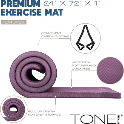 1-Inch Thick Yoga Mat | High-Density, Non-slip Exercise Mat with Carrying Strap for Yoga, Pilates, & Home Gym Workouts | Multiple Options