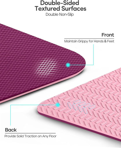 Yoga Mat Non Slip TPE Pilates Exercise Mats for Home Workout Gym Fitness Eco Friendly Thick Hot Yoga Mat with Strap Body Alignment,72"x 26" Thickness 1/4"