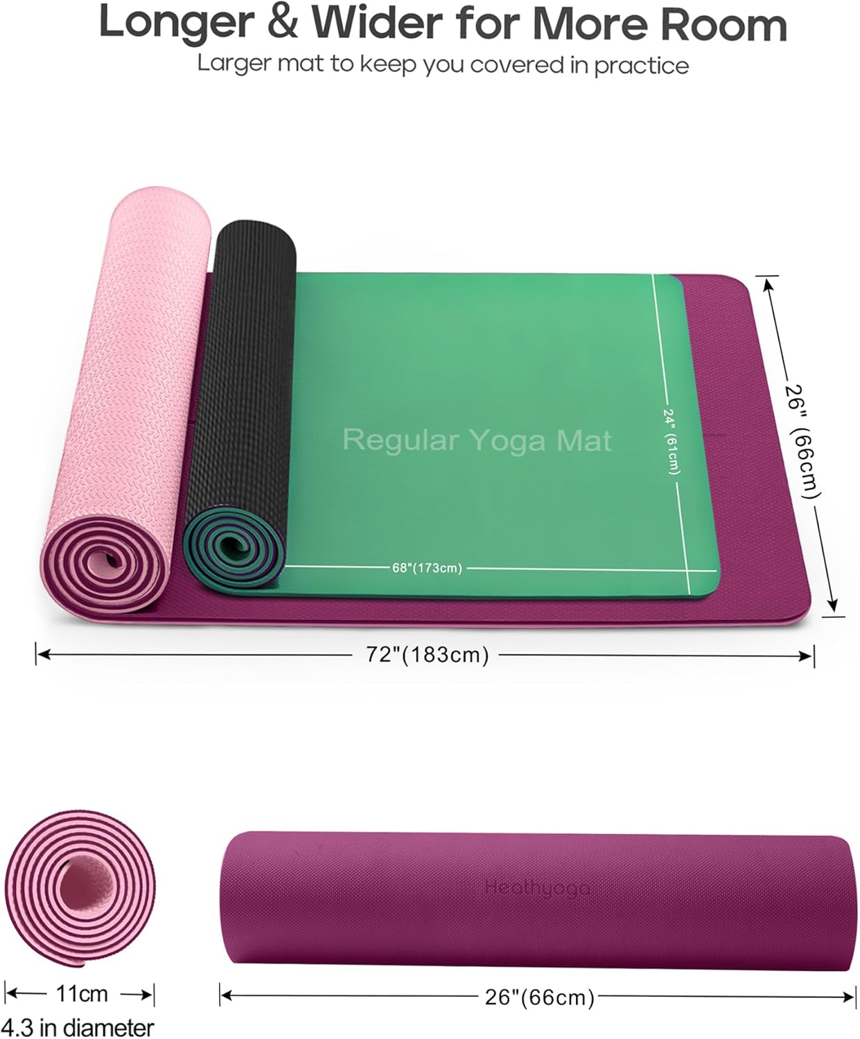 Yoga Mat Non Slip TPE Pilates Exercise Mats for Home Workout Gym Fitness Eco Friendly Thick Hot Yoga Mat with Strap Body Alignment,72"x 26" Thickness 1/4"