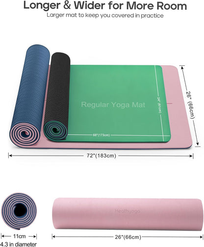 Yoga Mat Non Slip TPE Pilates Exercise Mats for Home Workout Gym Fitness Eco Friendly Thick Hot Yoga Mat with Strap Body Alignment,72"x 26" Thickness 1/4"