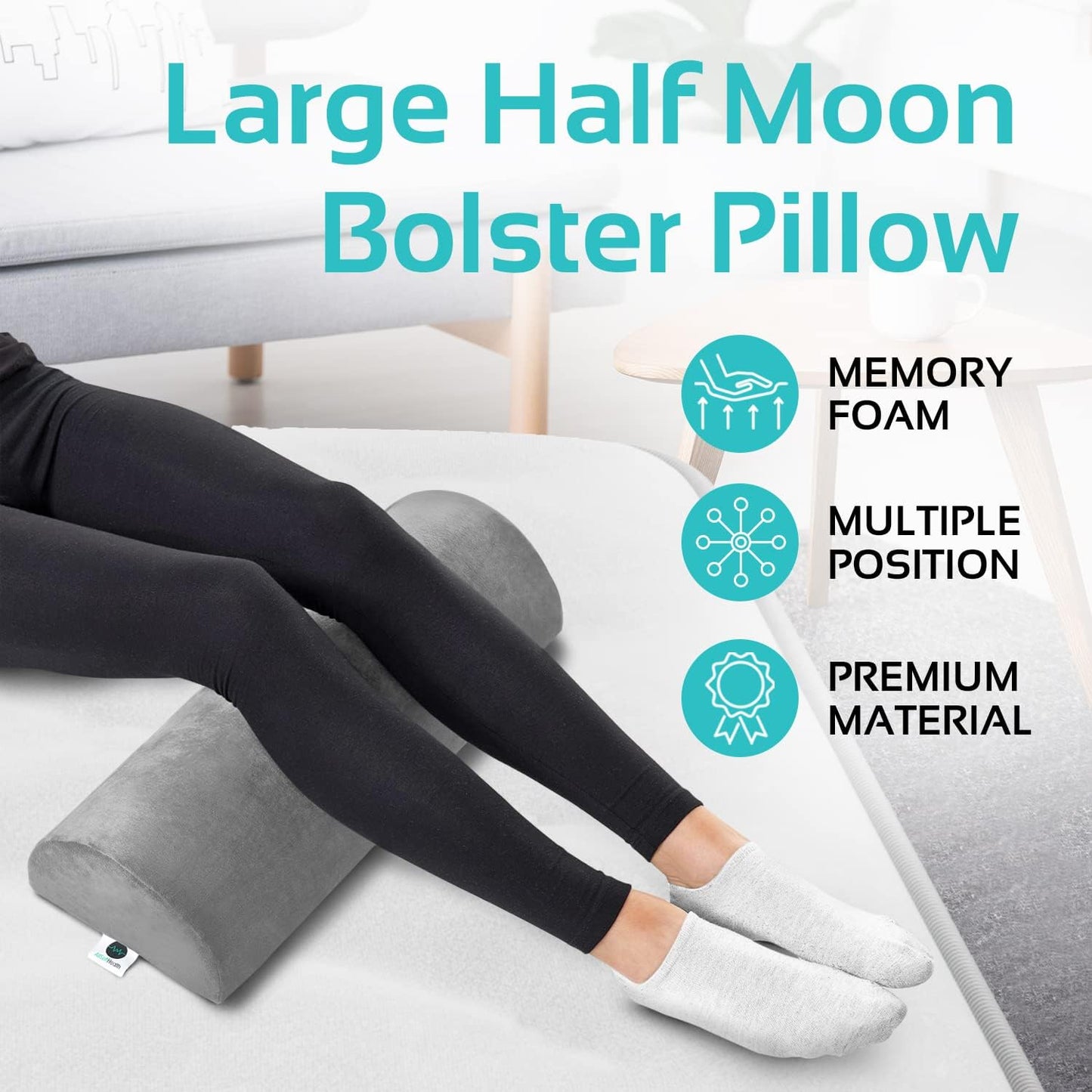 Knee Pillow for Back Sleeping | Large Half Moon Bolster Pillow for Legs, Under Knee Pillow for Sleeping on Back (20.5"x 8"x 4.5") Leg Pillow for Ankle and Foot Comfort, Machine Washable Cover, Grey