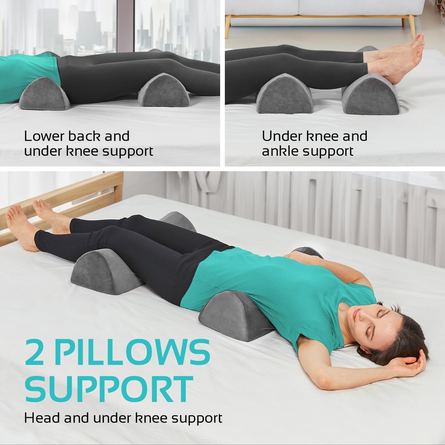 Knee Pillow for Back Sleeping | Large Half Moon Bolster Pillow for Legs, Under Knee Pillow for Sleeping on Back (20.5"x 8"x 4.5") Leg Pillow for Ankle and Foot Comfort, Machine Washable Cover, Grey