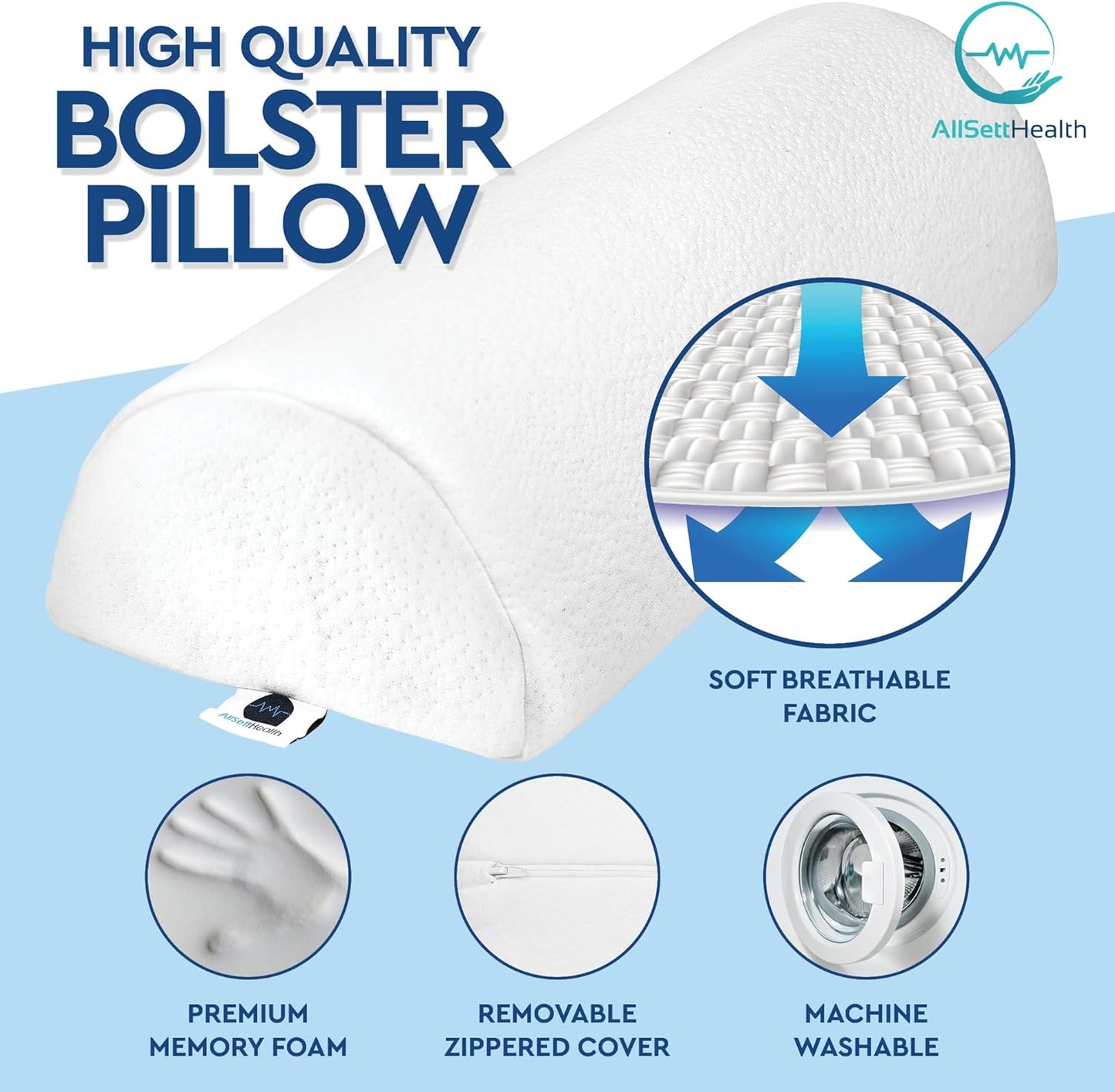 Knee Pillow for Back Sleeping | Large Half Moon Bolster Pillow for Legs, Under Knee Pillow for Sleeping on Back (20.5"x 8"x 4.5") Leg Pillow for Ankle and Foot Comfort, Machine Washable Cover, Grey