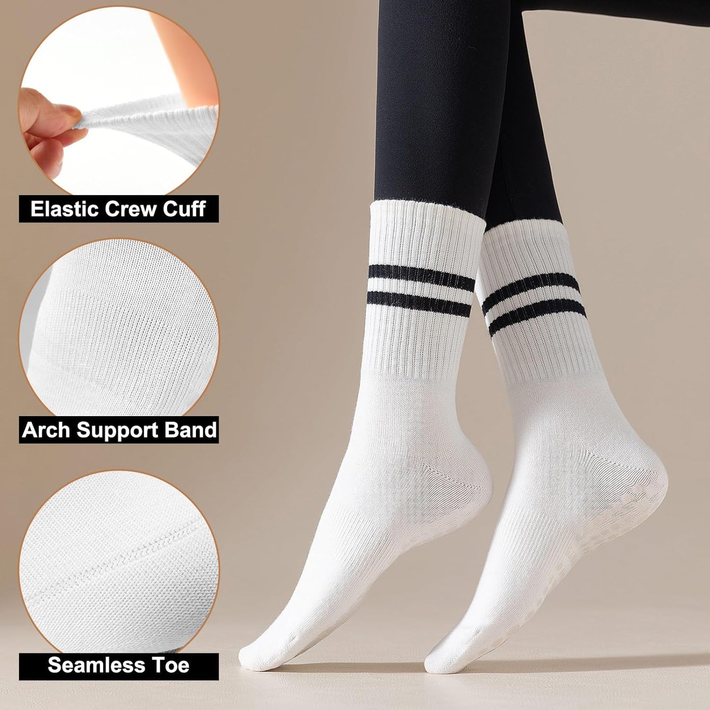 Grip Pilates Crew Socks for Women, Non Slip Yoga Socks with Grips for Barre Hospital Grippy Sticky Sock