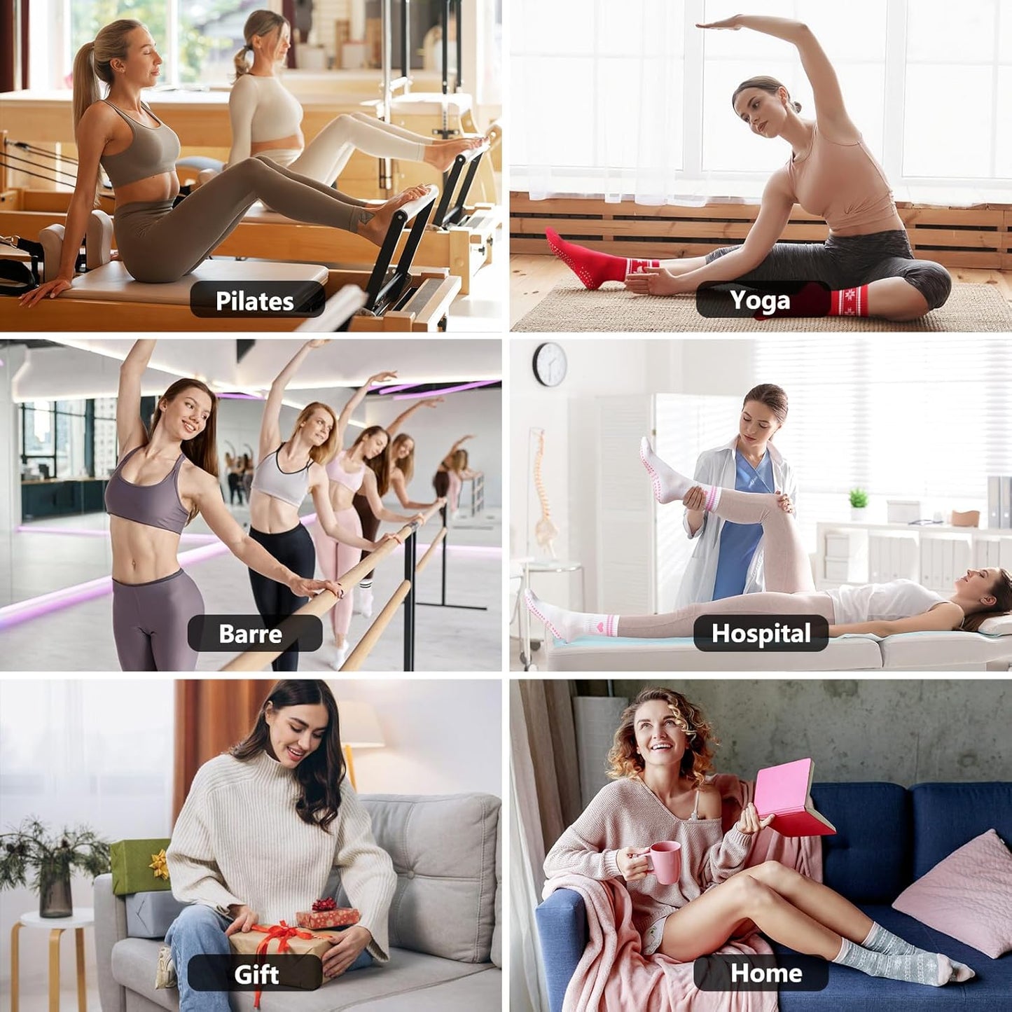 Grip Pilates Crew Socks for Women, Non Slip Yoga Socks with Grips for Barre Hospital Grippy Sticky Sock
