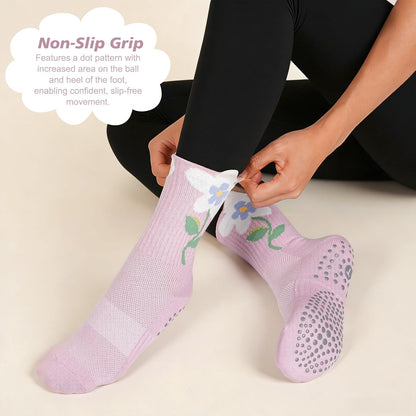 Grip Pilates Crew Socks for Women, Non Slip Yoga Socks with Grips for Barre Hospital Grippy Sticky Sock