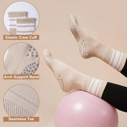 Grip Pilates Crew Socks for Women, Non Slip Yoga Socks with Grips for Barre Hospital Grippy Sticky Sock