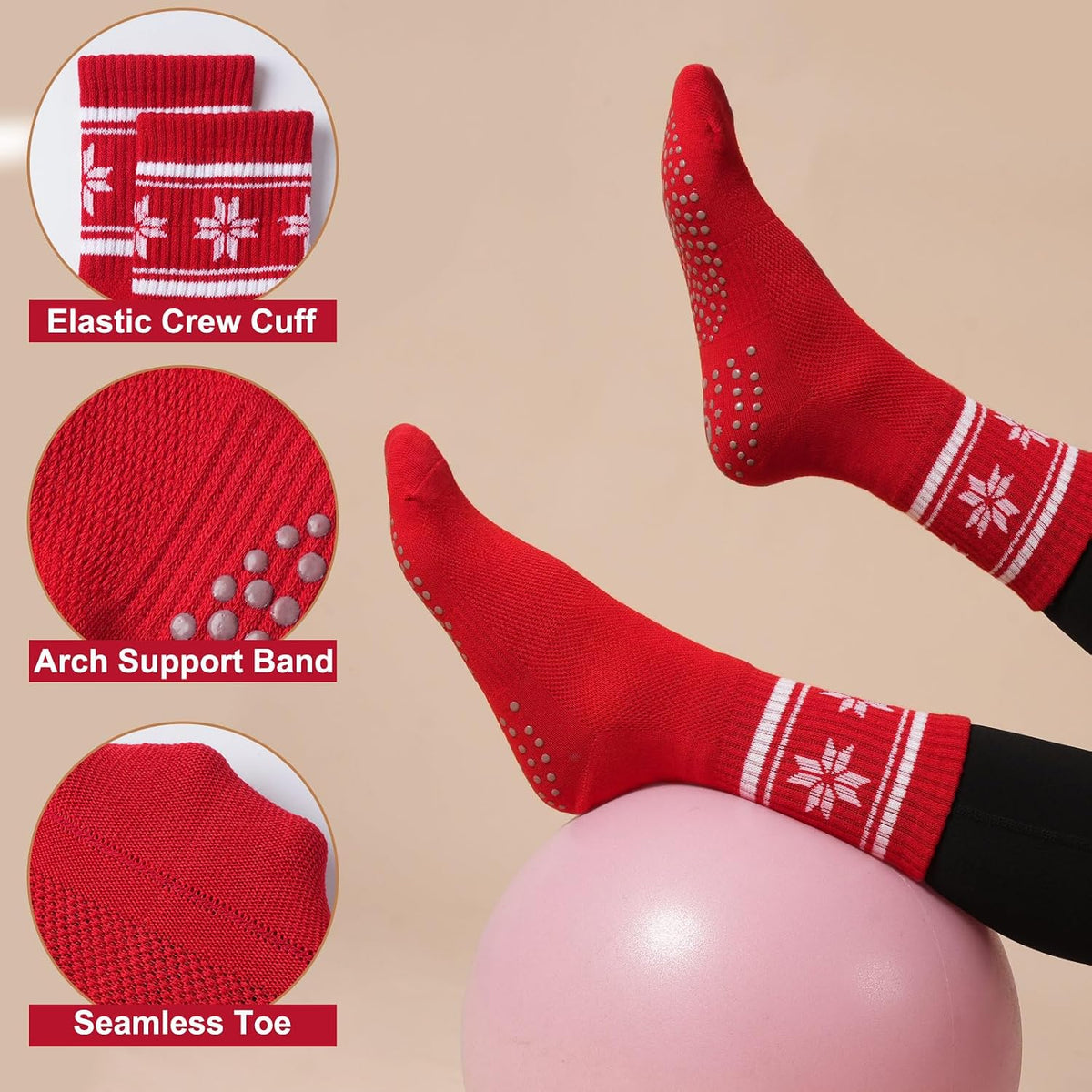 Grip Pilates Crew Socks for Women, Non Slip Yoga Socks with Grips for Barre Hospital Grippy Sticky Sock