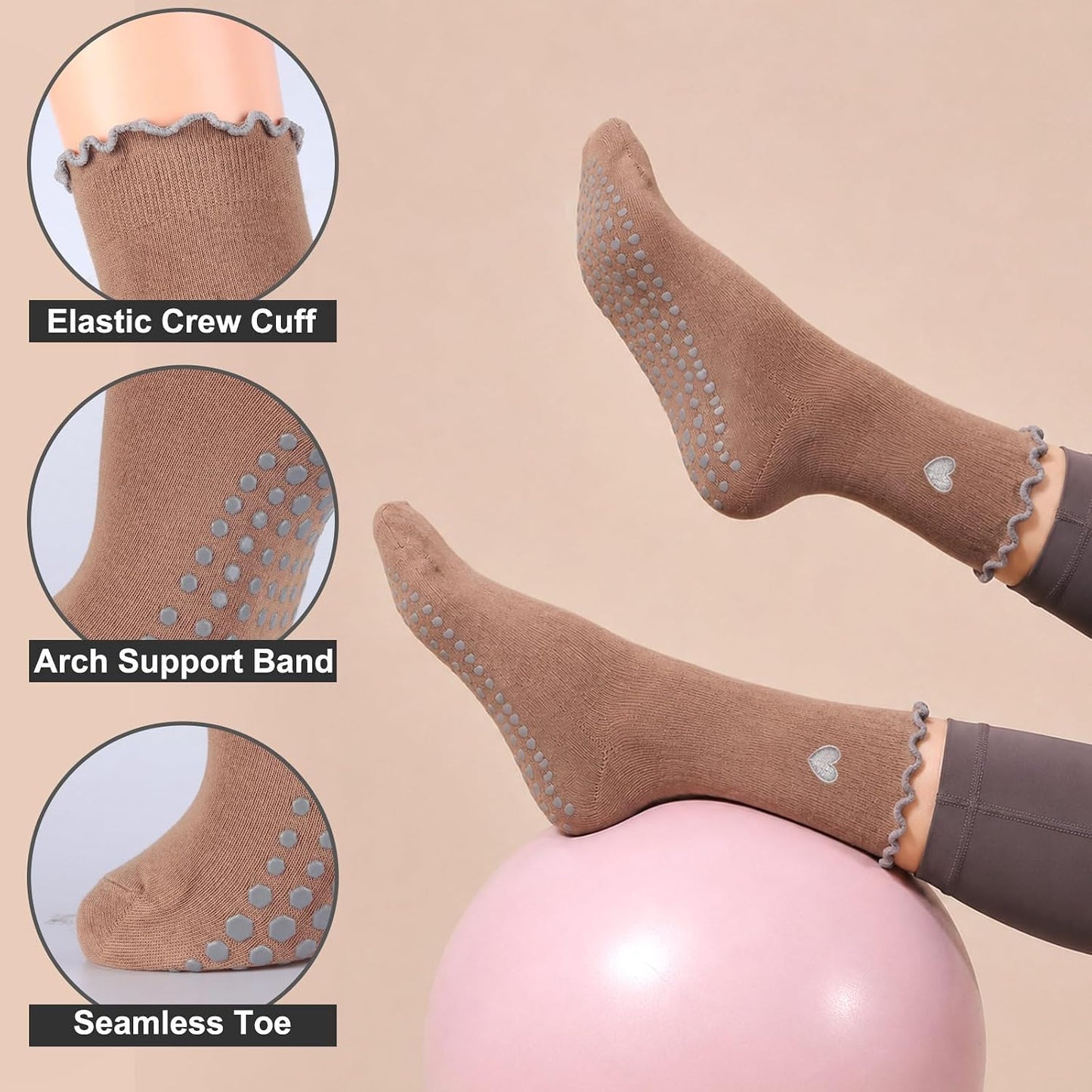 Grip Pilates Crew Socks for Women, Non Slip Yoga Socks with Grips for Barre Hospital Grippy Sticky Sock