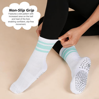 Grip Pilates Crew Socks for Women, Non Slip Yoga Socks with Grips for Barre Hospital Grippy Sticky Sock