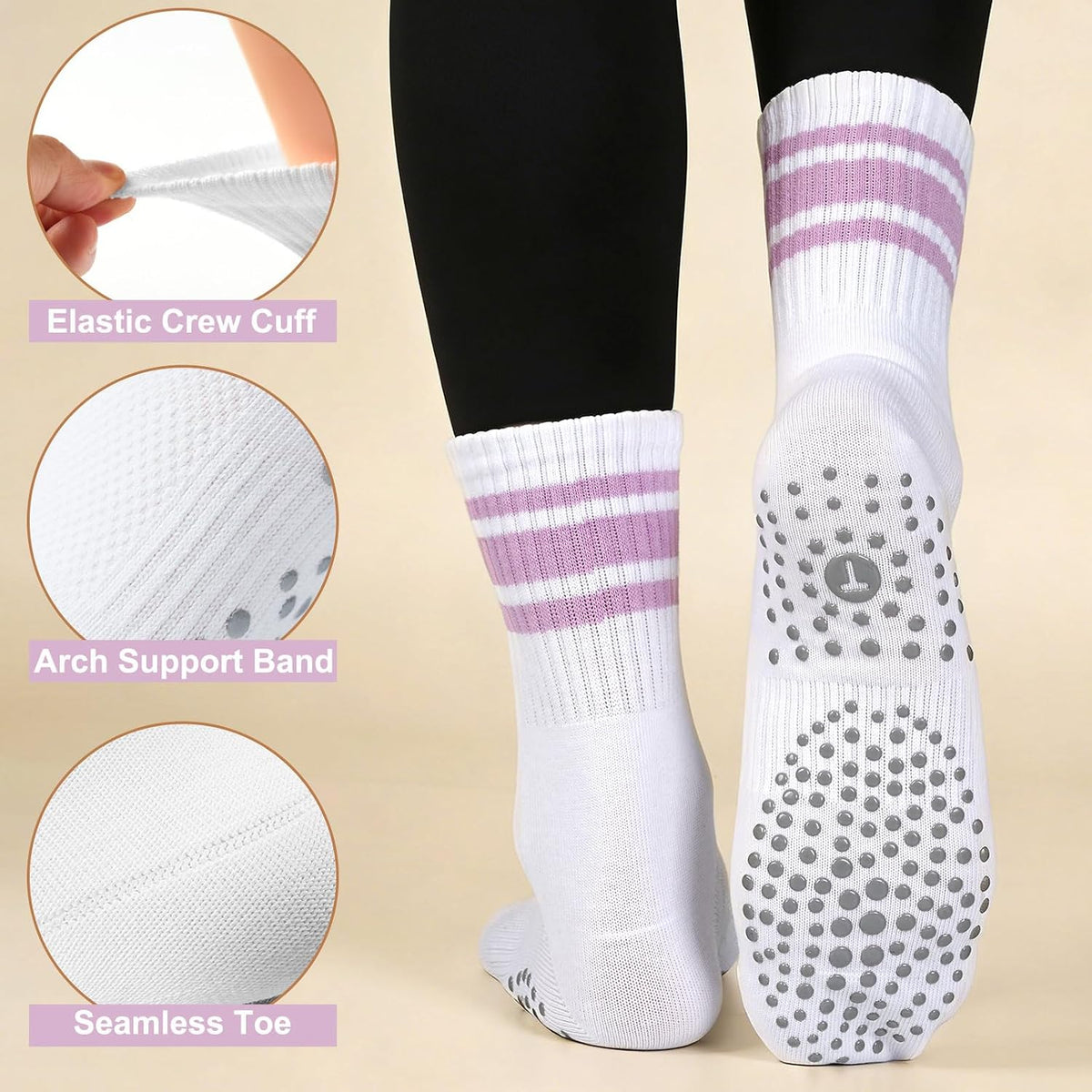 Grip Pilates Crew Socks for Women, Non Slip Yoga Socks with Grips for Barre Hospital Grippy Sticky Sock