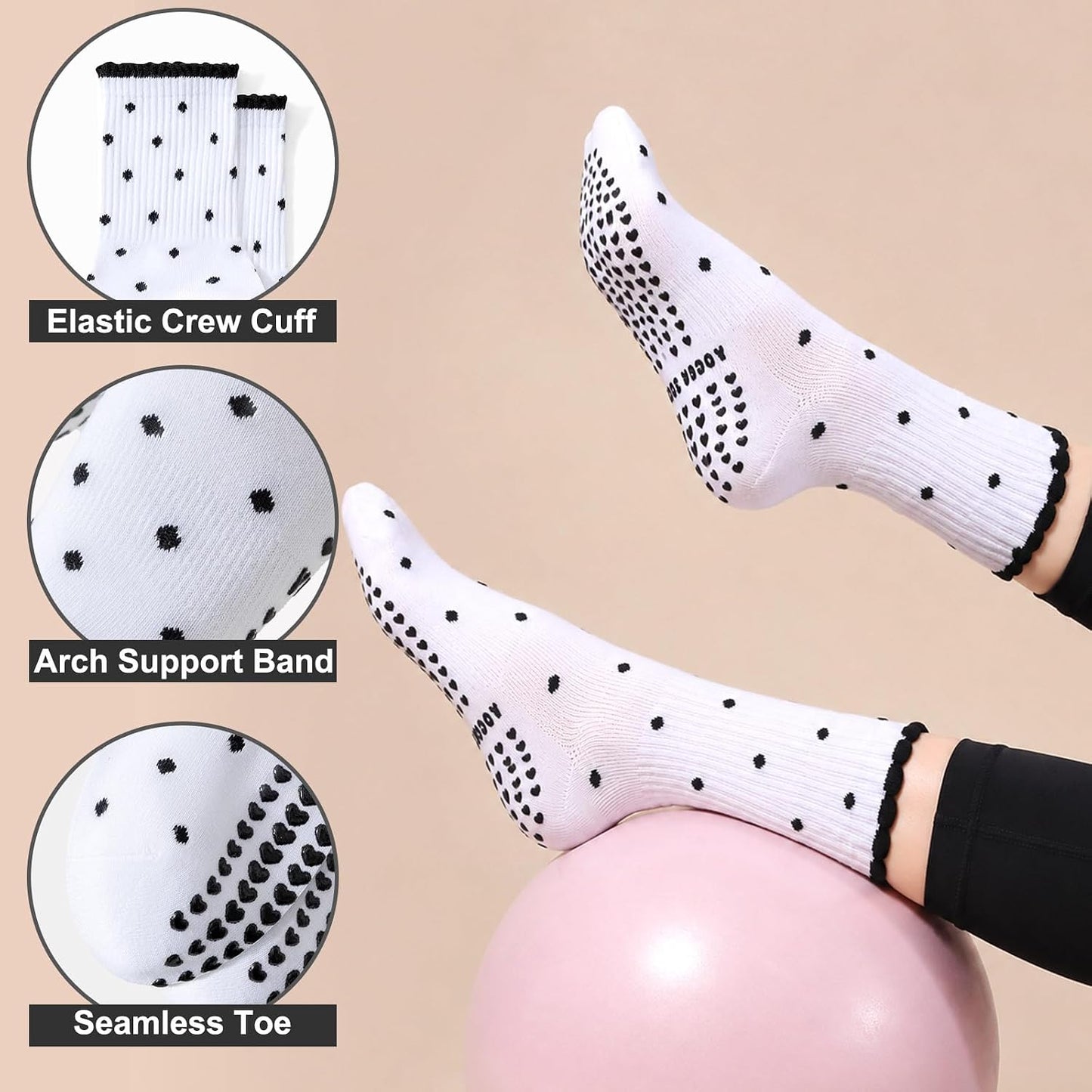 Grip Pilates Crew Socks for Women, Non Slip Yoga Socks with Grips for Barre Hospital Grippy Sticky Sock