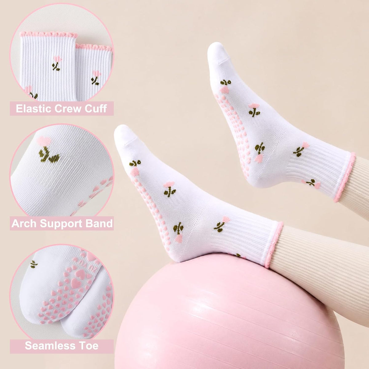 Grip Pilates Crew Socks for Women, Non Slip Yoga Socks with Grips for Barre Hospital Grippy Sticky Sock