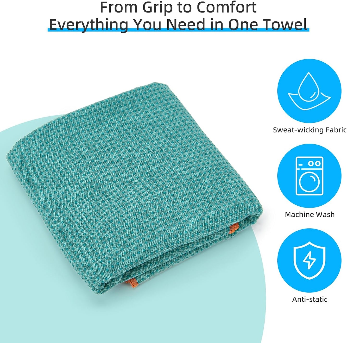 Non-Slip Extra Thick Hot Yoga Towel with One Sweat Towel, Microfiber Sweat Absorbent Yoga Mat Towel with Grip Dot, Pilates Mat, 72" x 24", Grey