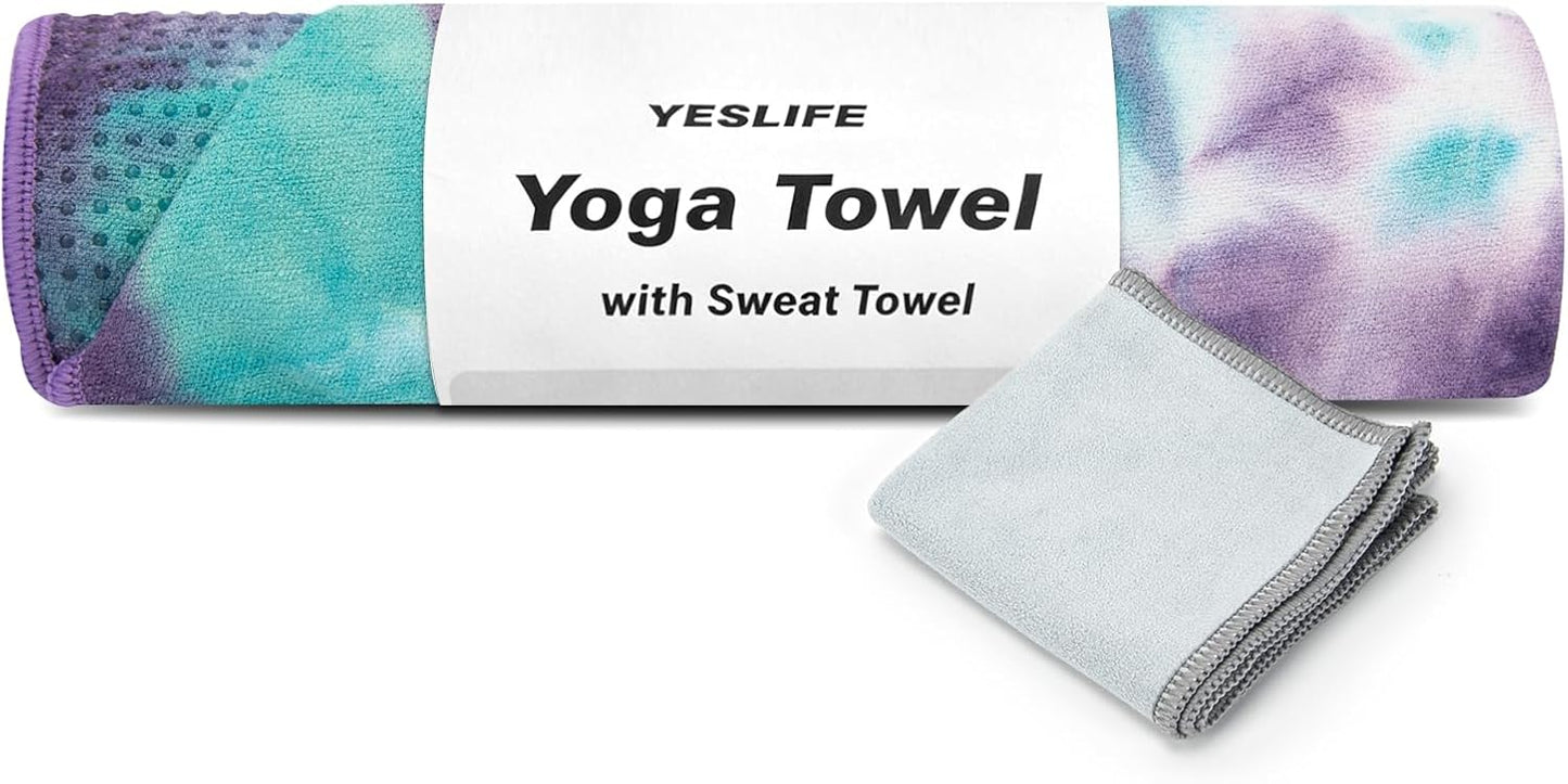 Non-Slip Extra Thick Hot Yoga Towel with One Sweat Towel, Microfiber Sweat Absorbent Yoga Mat Towel with Grip Dot, Pilates Mat, 72" x 24", Grey